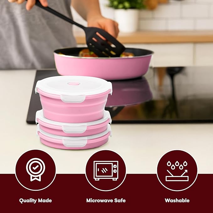 Vdomus Collapsible Food Storage Containers - Leak Proof, Microwave Safe - 40.5oz/1.2L Airtight Silicone Food Containers - Meal Prep Collapsible Bowls with Lids - Set of 3 - Pink
