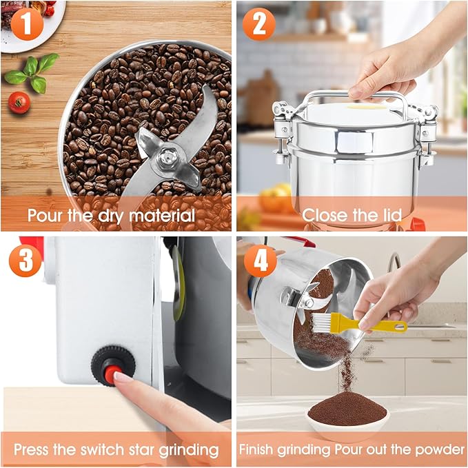 750g Commercial Grain Grinder - 2000W Heavy-Duty Electric Mill for Coffee, Spices, Nuts & Grains | 28000 RPM | Industrial Stainless Steel | 5 Blades System | for Home & Restaurant Use