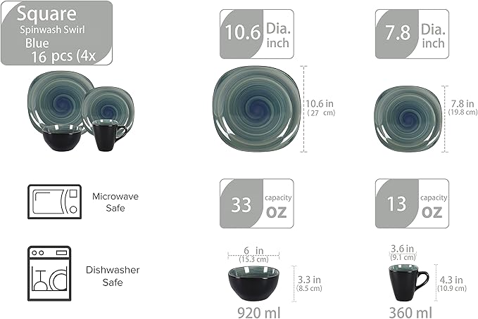 Stoneware Square 16pc Dinnerware Set, Inside Spinwaseh Swirl Blue + Outside Black