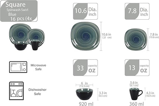 Stoneware Square 16pc Dinnerware Set, Inside Spinwaseh Swirl Blue + Outside Black