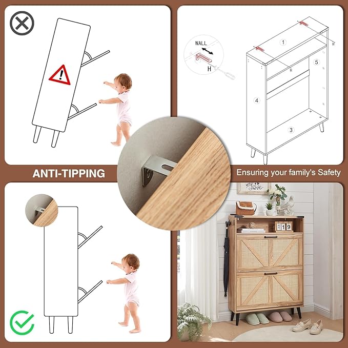 Shoe Storage Cabinet, Boho Rattan Shoe Organizer with 2 Flip Drawers,Farmhouse Freestanding Hidden Slim Narrow Shoe Rack Cabinet with Open Shelves for Entryway, Foyer,Hallway, Natural
