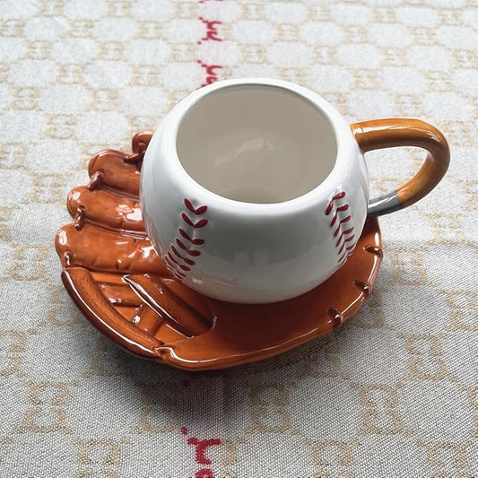 Ceramic Large Coffee Mug and Saucer set, 3D Handmade and Hand-painted Baseball and Gloves Design Tea Mug, 12oz