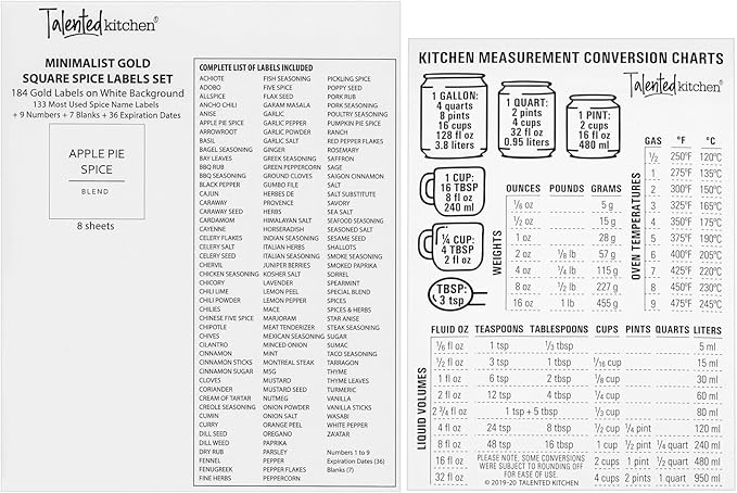 Talented Kitchen Spice Jars - 24-Pack 6 oz Glass Jars with Gold Shaker Lids - 328 Preprinted Labels & Silicone Funnel - Seasoning Organizer for Kitchen Storage