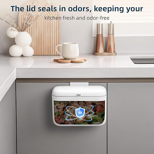 MUEE 1.3 Gal/5L Hanging Small Trash Can with Lid, Kitchen Waste Bin Countertop Compost Bin Under Sink Trash Can, Odorless Garbage Can Trash Bin Waste Basket for Cupboard, Bathroom, Camping, Office, RV