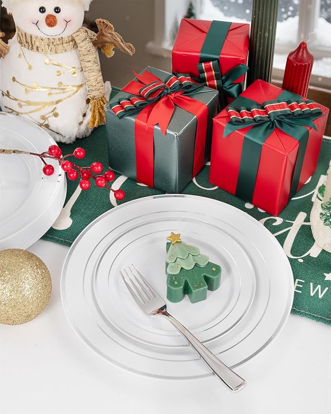 175PCS Sliver Plastic Plates - Christmas Plates Disposable - White Plate with Silver Trim 25Guests Plastic Dinnerware Sets with Rolled Napkins for Wedding/Birthday/Christmas