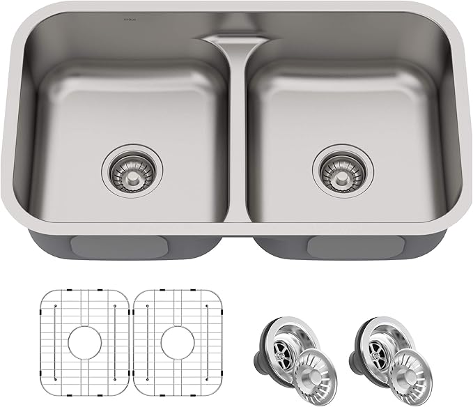 KRAUS Premier 32-inch Undermount 50/50 Double Bowl Low Divider 18-Gauge Stainless Steel Kitchen Sink with Strainers (x2), KBU32