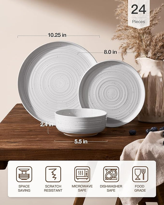 Stoneware Dinnerware Sets, Plate and Bowl Sets for 8, 24 Pieces Spiral Flared Dishware Set with Speckles & Reactive Glaze - Microwave and Dishwasher Safe Tableware, White
