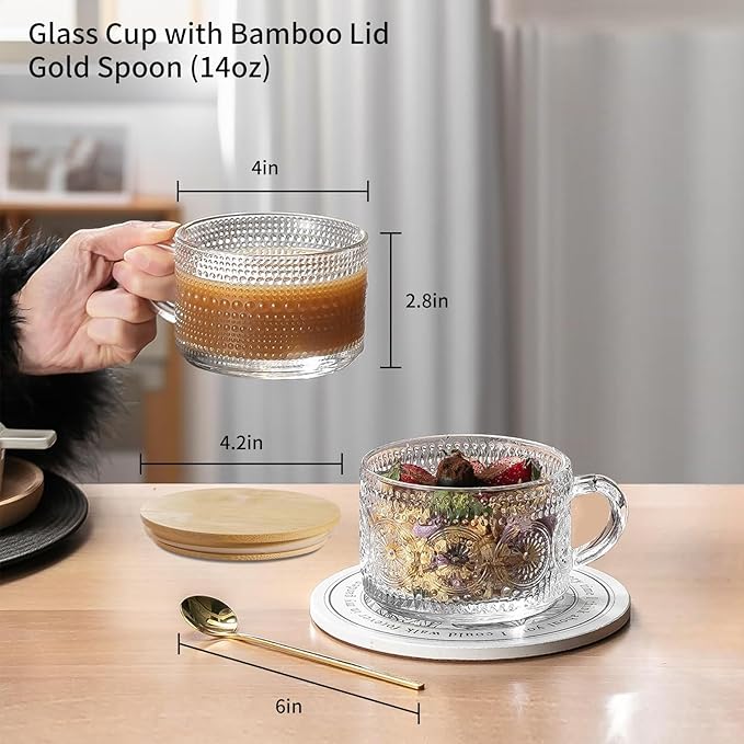 Vintage Glass Coffee Mugs 14 Oz Set of 2 Clear Embossed Tea Cups, Glass Coffee Cups for Cappuccino, Cereal, Yogurt, Latte, Beverage Christmas Thanksgiving Gifts