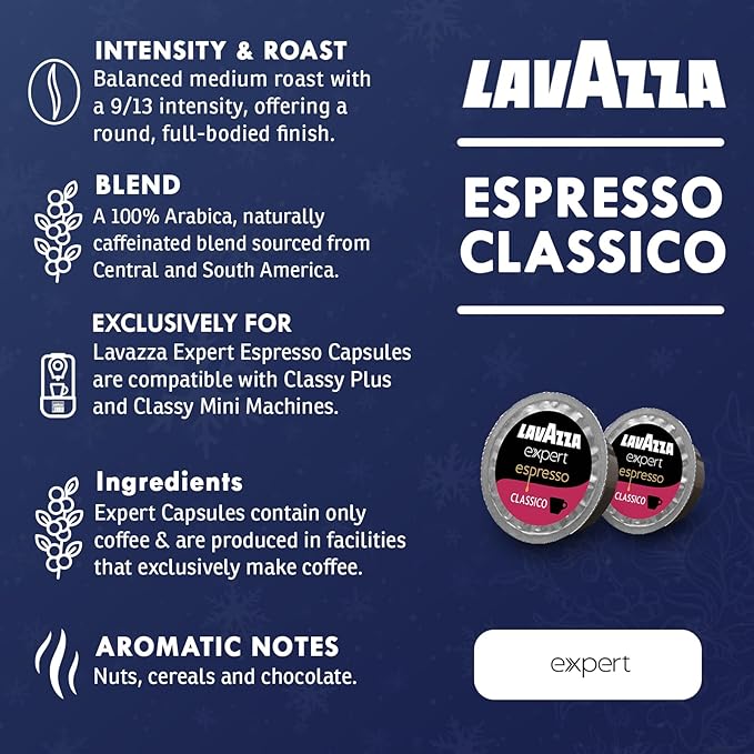 Lavazza Expert Espresso Classico Capsules – 72 Count – Medium Roast Coffee Pods Made with 100% Arabica Beans – Compatible with Lavazza Classy Mini & Classy Plus Machines