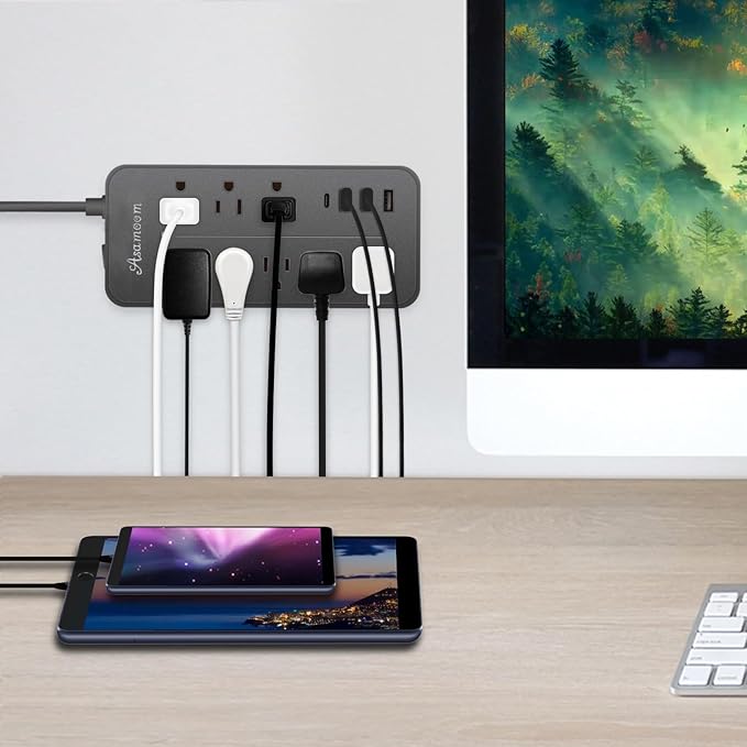 25FT Flat Plug Surge Protector - 8 Outlet & 3 USB Port (A & C) Power Strip Extension Cord, Wall Mountable Desk Power Strip for Home Office - Black - ETL Listed