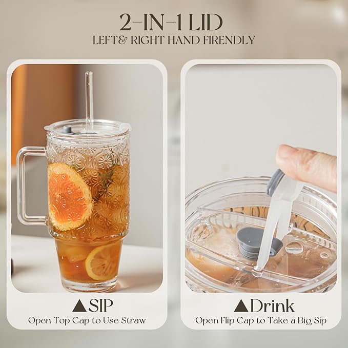 KEMORELA 24 Oz Ribbed Glass Tumblers with Lids and Straws, Tumbler Cup with Handle, Iced Coffee Glassware, Clear Reusable Drinkware for Smoothies and Beverages(1)
