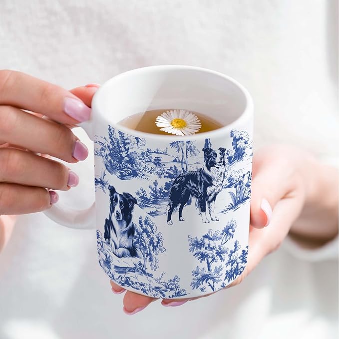 Border Collie Blue French Toile Mug, Border Collie Lover Gifts for Women, Blue Chinoiserie Toile Coffee Cup, Dog Lovers Tea Coffee Mug Birthday Gifts for Dog Owners, 11oz