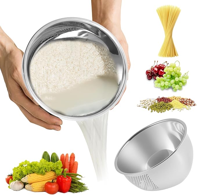 2PCS Rice Washer Strainer Bowl with Side Drainers Stainless Steel Rice Washing Bowl Multifunctional Colander for Cleaning Rinsing Fruits Vegetables Beans Silver
