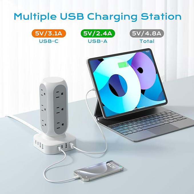 Tower Surge Protector Power Strip, 10FT Extension Cord with Multiple Outlets, Flat Plug Outlet Extender with 12 AC Outlets & 8 USB Ports, 24W Total Charging Station for Home Office Dorm Room