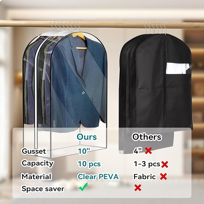 10” Gusseted Clear Garment Bags, 40” Hanging Suit Bags for Closet Storage - Protect Clothes, Suits, Coats, Dresses - 3 Pack (60 inch)