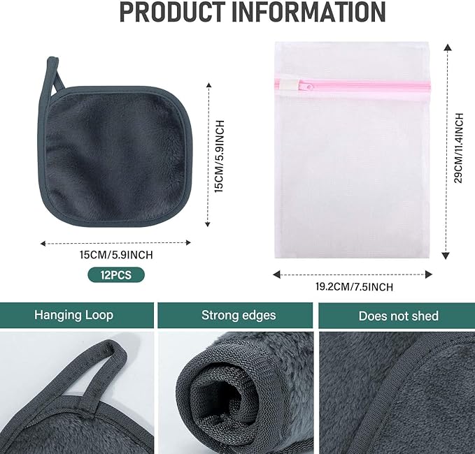 12 Pack Makeup Remover Cloth, 6" x 6" Reusable Makeup Remover Towels Face Washcloth for Washing Face, Makeup Remover Pads Cosmetic Face Wash (Grey)