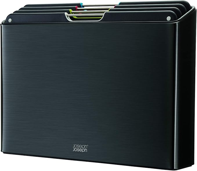 Joseph Joseph Folio 4-Piece Colour coded Cutting Board Set, Stainless Steel Slimline case for organized Kitchen storage, Black