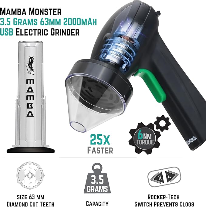 Mamba Monster 3.5g Black USB Electric Herb Grinder. Large Capacity Portable Metal Herbal Machine & Spice Mill for the Kitchen