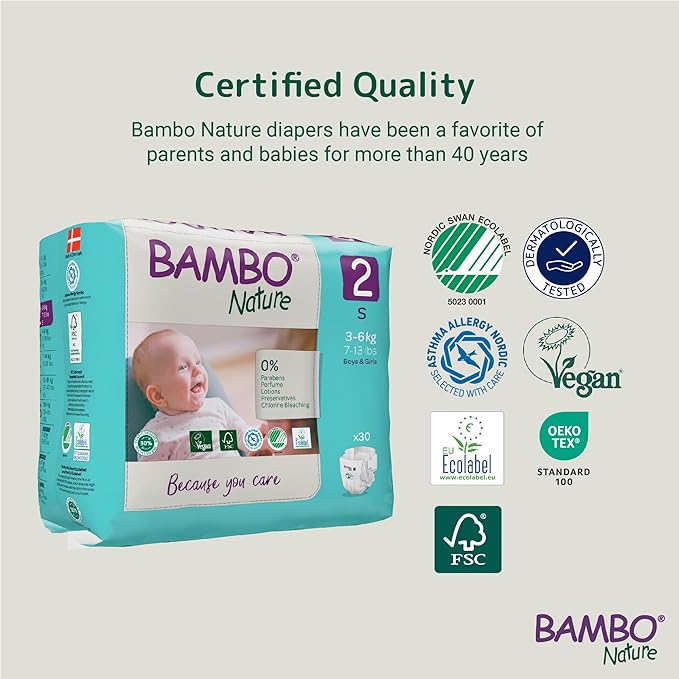 Bambo Nature Hypoallergenic Baby Diapers, Eco-Labeled Diapers, Enhanced Leakage Protection, Totally Chlorine-Free, Skin Friendly, and Super Absorbent - Size 2 (180 Count)