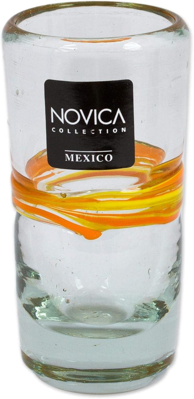NOVICA Artisan Crafted Yellow Spiral Clear Recycled Tequila Shot Glasses, 2 Oz. 'Ribbon Of Sunshine' (Set Of 6)