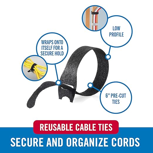 Velcro Brand Reusable Cable Ties – Mens Stocking Stuffers 2025, 100 Pack 6 Inch Cable Management Ties, Cord Wraps for Electrical Cords, Black