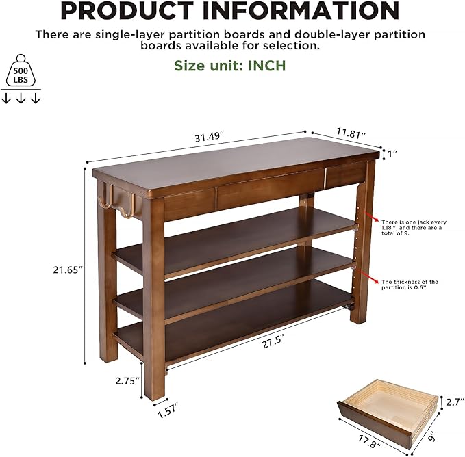 Shoe Storage Bench Wood Entryway: Shoe Rack Bench with Drawer 3-Tiers Height Adjustable,Rustic Wooden Organizer for Front Door Entrance Hallway Living Room,Mudrooms (Walnut 3-Tiers, 31.5")