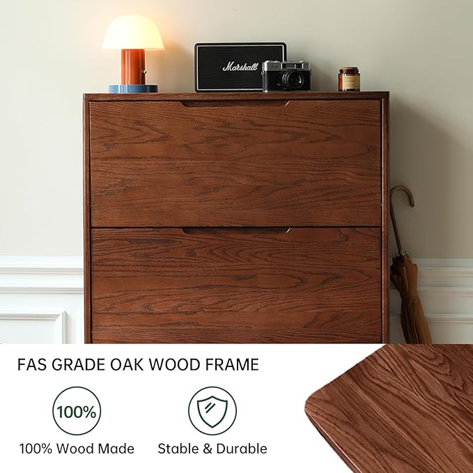 Oak Shoe Cabinet with 3 Flip Drawers, Solid Wood Shoe Storage Cabinet, Narrow Shoe Organizer for Entryway, 7.9" x 33.5" x 45.7", Oak Wood, Walnut
