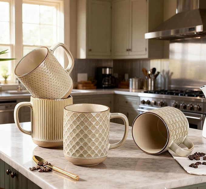 GBHOME Large Coffee Mugs Set of 4, 16oz Handmade Stoneware Coffee Mugs Set with Large Handle for Cappuccino/Latte/Tea/Hot Cocoa, Dishwasher & Microwave Safe-Pale khaki