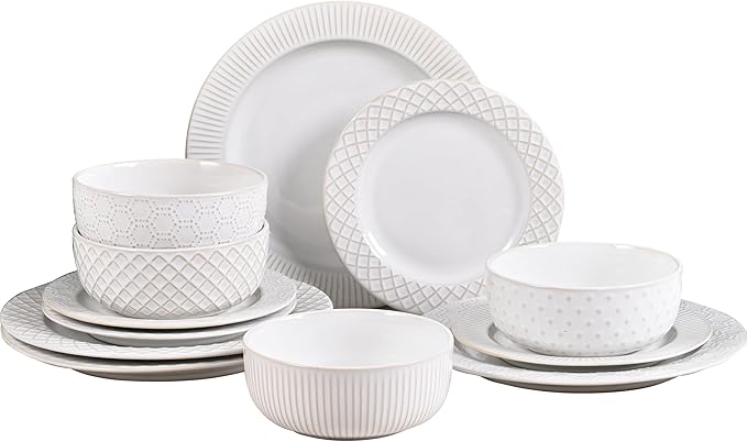 Ceramic Dinnerware Set for 4, 12-Piece Stoneware Plates and Bowls Set, Microwave & Dishwasher Safe, Lead-Free Scratch Resistant, 4 Different Dinner Plates & Soup Bowls (White)