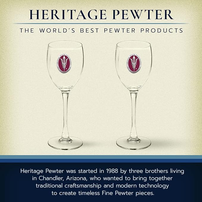 Heritage Pewter Arizona State ASU Sun Devils Glass Goblets – Set of 2 | 12 OZ Goblet Wine Glasses | Expertly Crafted Pewter Glass