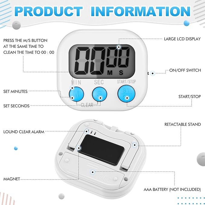 Xuhal 12 Pieces Digital Kitchen Timer Bulk, Small Magnetic Timers for Classroom, Digits Stopwatch Clock Timer for Cooking Baking Sports Games Office, Not Including Battery (Black,White)