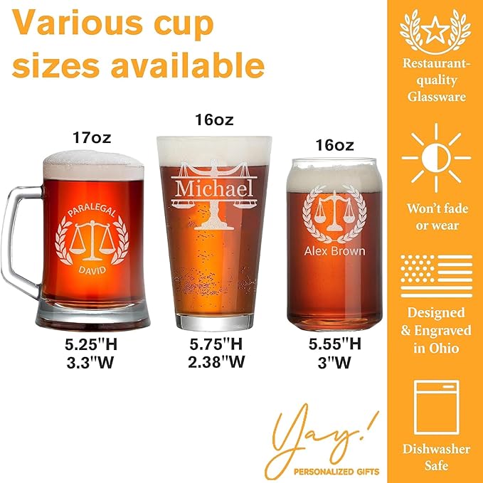 Personalized Lawyer Gifts for Men, Custom Beer Glass, Pass the Bar Exam Gifts for Female Lawyers, Office Present for Attorney, JD, Future Lawyer, Law School Graduation Gift for Men
