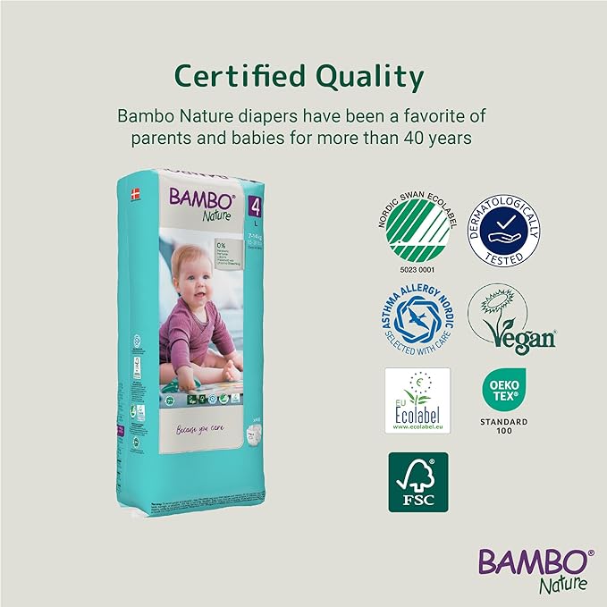 Bambo Nature Hypoallergenic Baby Diapers, Eco-Labeled Diapers, Enhanced Leakage Protection, Totally Chlorine-Free, Skin Friendly, and Super Absorbent - Size 4 (144 Count)