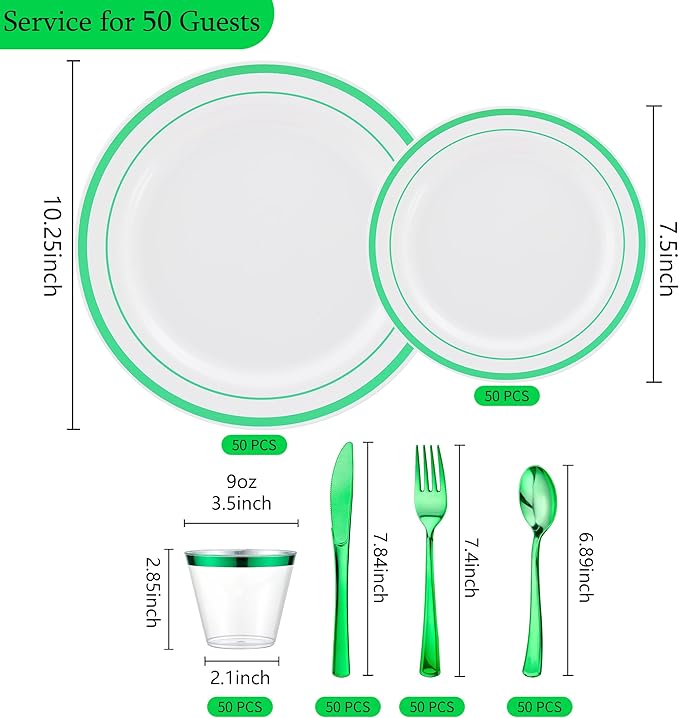 300PCS Christmas Plates Disposable, Green Plastic Dinnerware Set for 50 Guests, Green Christmas Party Plates-50 Dinner Platos,50 Dessert Platos,50 Silverware Set,50 Cups