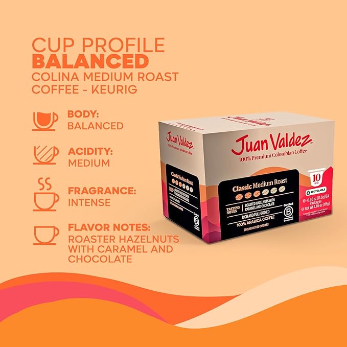Juan Valdez Coffee Pods – Classic Medium Roast | K-Cups for Keurig Coffee Machines | 100% Colombian Arabica Beans | White Chocolate & Peach Notes | Single Serve Coffee Pods | 30 Count