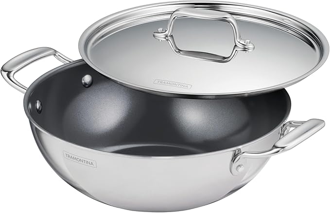 Tramontina Utsava Tri-Ply Clad Stainless Steel 4-Quart Kadai with Lid and Ceramic Non Stick Interior, Induction-Ready Large Kadhai Pot for Indian Cooking