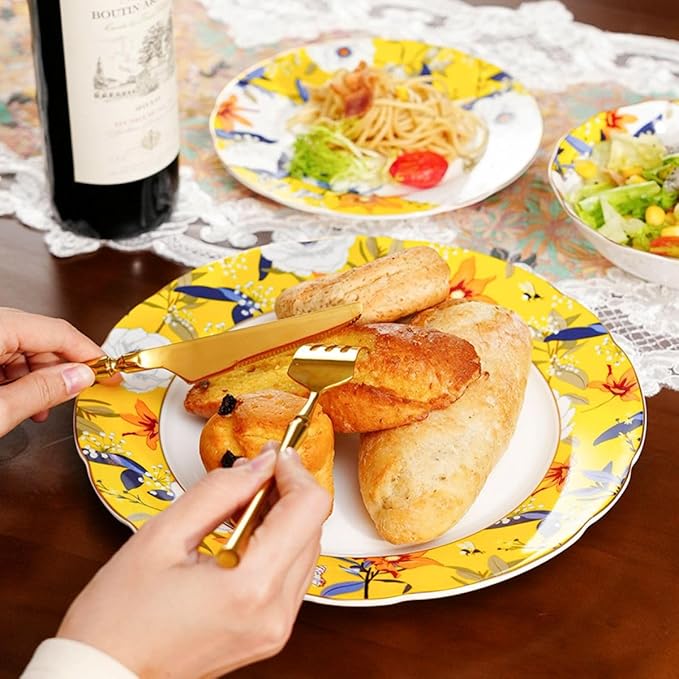 Exquisite ceramic tableware 3 Piece Bone China Modern Round Dishes Sets,Dinnerware dishset for Kitchen,Dinner Plate,Dessert Plate,Soup Bowl,Yellow flowers