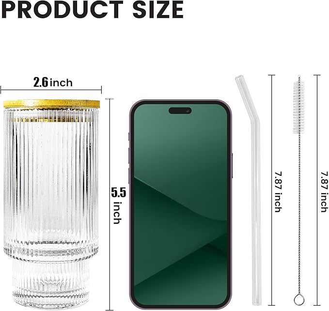 8 Pcs 11oz Drinking Glasses Cups Set with Bamboo Lids Straws Brush Small Vintage Hobonail Ribbed Glassware Set for Juice Iced Coffee Cocktail Whiskey