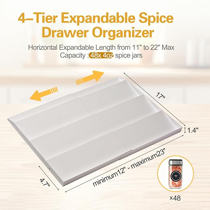 GOENDR Metal Spice Drawer Organizer, 4-Tier Spice Rack for Cabinet, Expandable Seasoning Organizer Fits 11.4-22.8” Drawer, Holds up to 48 Spice Jars (Not Included), White