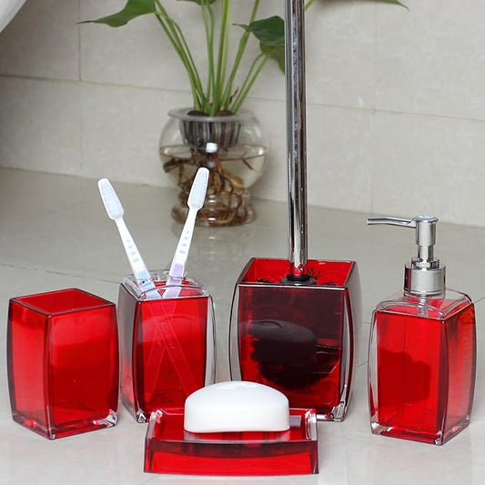 5 Pcs Red Acrylic Bathroom Accessories Set Complete, Lotion/Soap Dispenser, Soap Dish, Toothbrush Holder, Tumbler, Toilet Brush and Holder, Modern Bathroom Decor and Housewarming Gift Set,Red