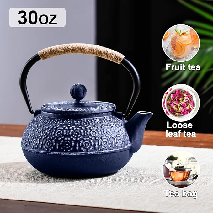 PARACITY Cast Iron Teapot Japanese 30.5 OZ, Tea Kettle Pot for Stove Top, Tea Pot with Stainless Steel Infusers for Loose Tea, Boiling Hot Water Tea, Mothers Day Gifts from Daughter/Son (Blue)