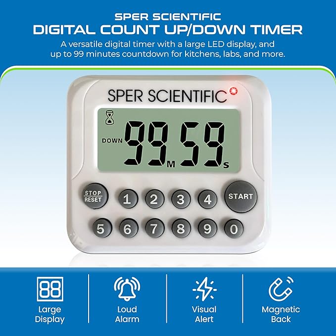 Sper Scientific Digital Count Up/Down Timer with Audible & Visual Alarm 810003 – Timer with Large Display, Loud Alarm & Up to 99 Minute Countdown - for Labs, Cooking, Workouts, Classroom & more - 4 pc