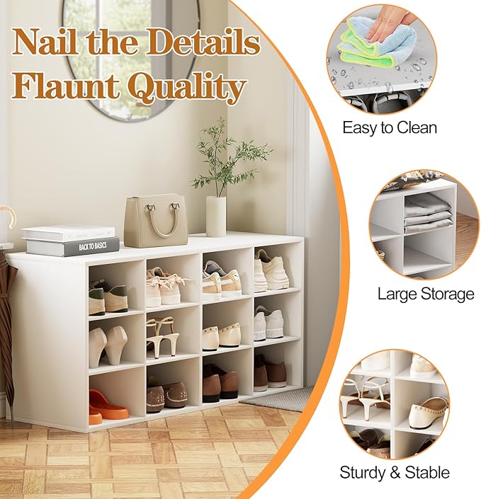 12-Cubby Shoe Rack, 3-Tier Wood Shoe Organizer, Multifunctional Shoe Organizer Bench for Entryway, Mudroom, Hallway, Closet,36.22 * 11.81 * 17.72 Inch,White