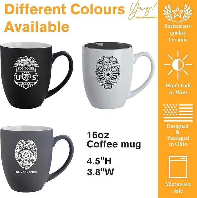Custom Coffee Mug - Personalized Police Officer Coffee Gifts with Engraved Name & Number, Gift for Men Dad Retirement Police Officer Law Enforcement
