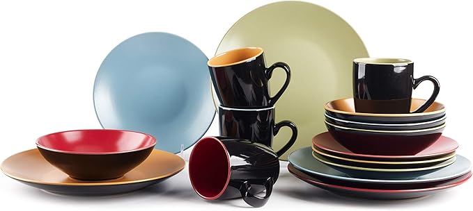Stoneware Two-Tone Colors Life 16pc Dinnerware Set，Outside Shinny Black + Inside Matte Finished Very Funny - 4 Assorted Colors Turquoise, Olive, Curry and Red