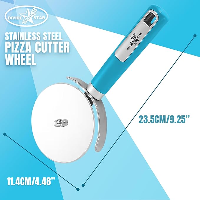 Pizza Cutter Wheel 4” – Sharp Stainless Steel Blade for Effortless Slicing – Ergonomic Grip, Dishwasher Safe – Professional Pizza Slicer for Thick Crust, Flatbreads, Dough – DIVIDESTAR (Blue)