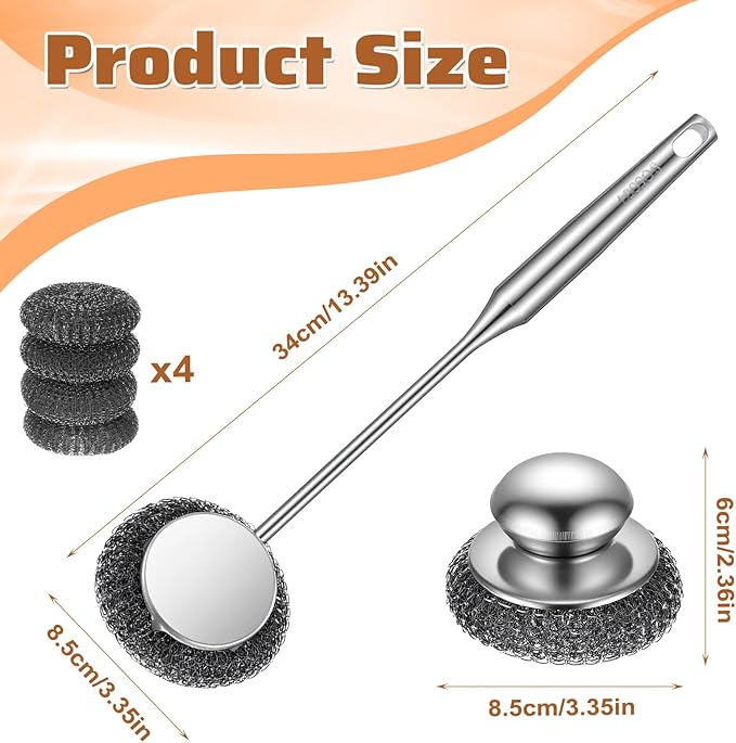 8 Pack Stainless Steel Scrubber with Handle Brush Set, 1 Long Brushes,2 Short Brushes,4 Wire Sponge Pads,1 Screwdriver for Cleaning Pots, Pans, Grills, BBQ, Dishes and Sink, Home Cooks