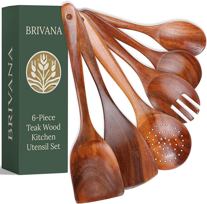 6-Piece Teak Wood Utensil Set – Durable Natural Teak with Smooth, Sealed Finish – Gentle on Non-Stick Cookware for Everyday Stirring, Mixing, Serving and Cooking