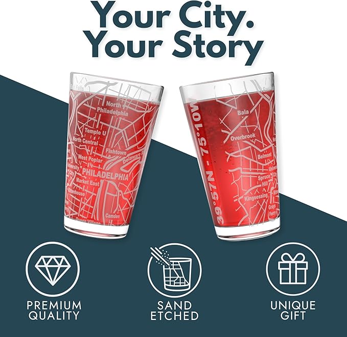 Greenline Goods – Philadelphia, PA Map Pint Beer Glasses (Set of 2), 16 oz – Etched Wrap Design