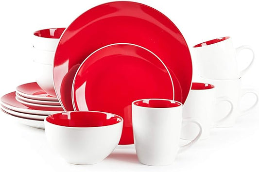 Stoneware Coupe Shape 16pc Dinnerware Set, Outside White + Inside Red